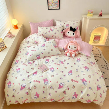 Sanrio 100% Cotton Bedding Set Cute Hello Kitty Kuromi Melody King Queen Pillowcase Bed Linens Girl Dorm Bedclothes Home Textile Good Vibrations
