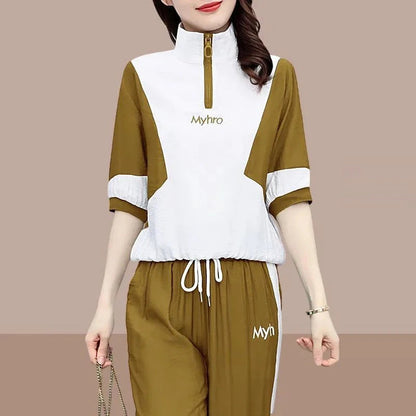 2 Piece Sets Women 2024 Summer Fashion Contrast Color Half Zipper Short Sleeve Tops Casual Pockets Sports Joggers Pants Outfits Good Vibrations