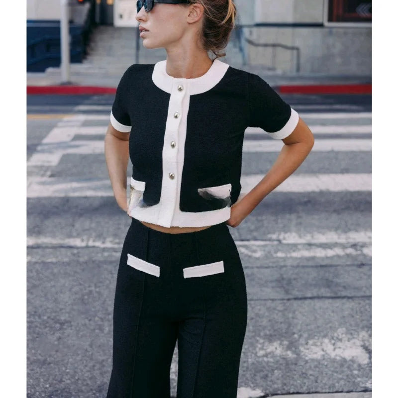 Women's Faion Set Casual Sle round Ne ort Sve Coat And High Waist Pants Elastic Waist Color Blo Pearl Woolen Jaet Good Vibrations