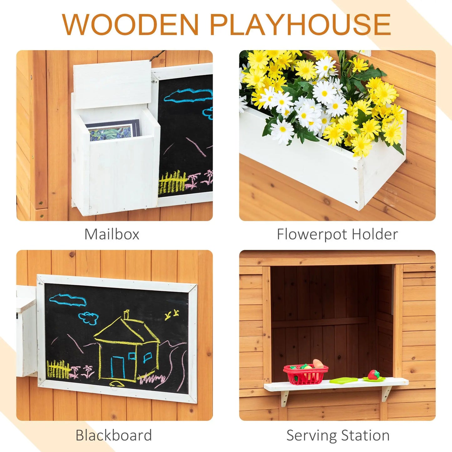 Kids Outdoor Wooden Playhouse with Cottage Door Windows and Mailbox Bench Flower Pot Holder Good Vibrations