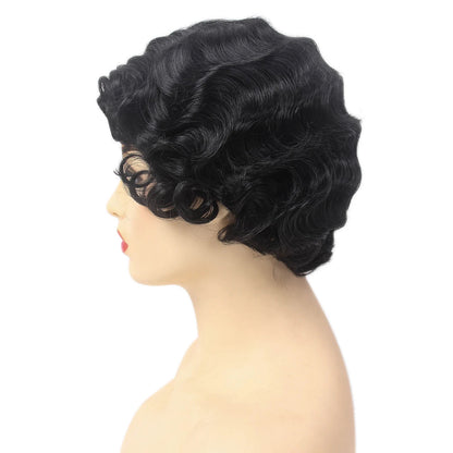 REEWES Short Curly Finger Wave Wigs With Oblique Bangs 1920s Retro Wavy Cosplay Costume Wig Classy Vintage Wavy Style For Women Good Vibrations