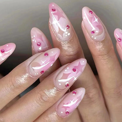 24PCS- white almond fake nails, red love pattern decoration, exquisite elegance, fashion generous, suitable for dating, dinner, Good Vibrations