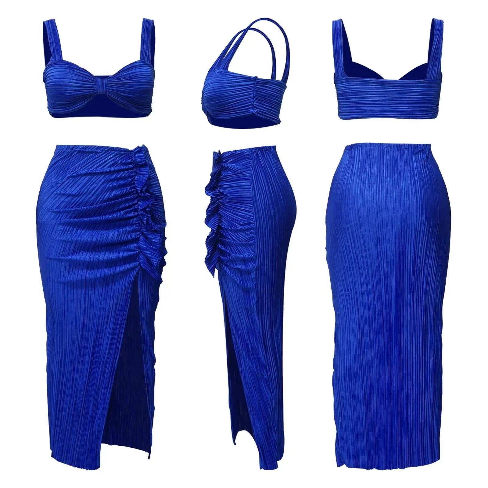 Blue two-piece summer set with backless halter top and high waist side slit pleated skirt suitable for beachwear.