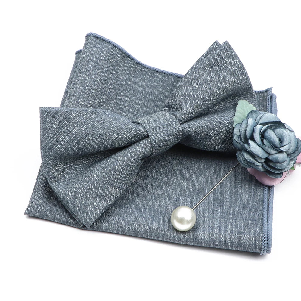 Mens Wedding Bowtie Brooch Set Romantic Solid Color Bamboo Fiber Bowknot Flower Lapel Pin Blue Pink Cravat Suit Shirt Accessory Good Vibrations