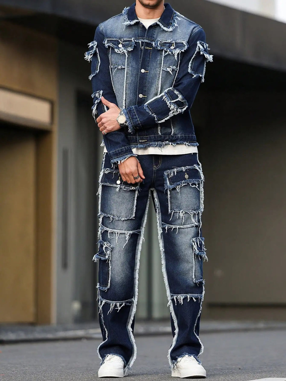 Men's spring and autumn denim suit, multi - pocket design, wide straight - leg pants style Good Vibrations