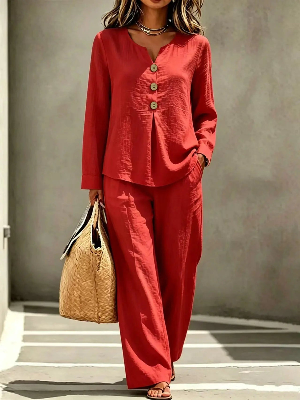 Women 2‑Piece Outfit Set Long Sleeve V‑Neck Top Wide Leg Pants Loose Casual Daily Suit Good Vibrations