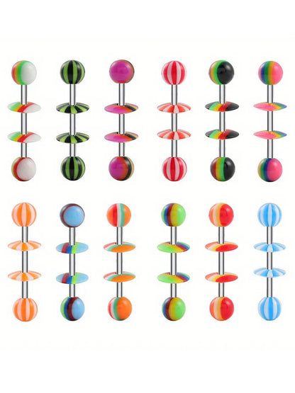 1/6/12pcs Acrylic Mixed Color Tongue Ring Adjustable Disc Barbell Tongue Ring Body Piercing Jewelry Stainless Steel Rod Good Vibrations