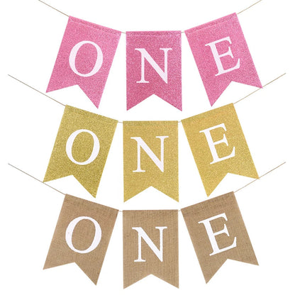 Baby First Birthday Chair Banner Burlap ONE Garland Boy Girl One Year Old Birthday Party Decoration Favors Photo Props Supplies Good Vibrations