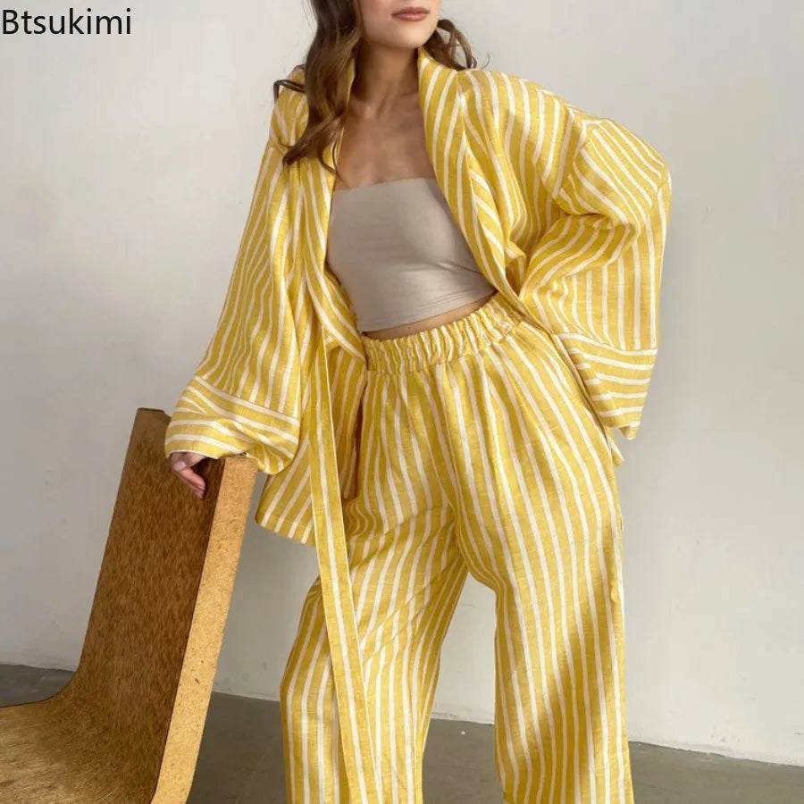 Women's Two-piece Set  Autumn New Striped Long-sleeved Loose Lace-up Top High-waisted Trousers Fashion Casual Suit for Women Good Vibrations