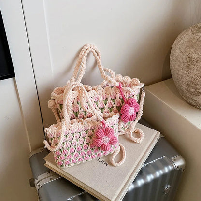 Crochet Crossbody Bag for Women Girl Handmade Color Block Handbag Lightweight Casual Summer Daily Purse Good Vibrations