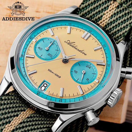 ADDIESDIVE Top Brand Man Watch BGW9 Super Luminous 10Bar Waterproof Bubble Mirror Glass VK64 Chronograph Quartz Steel Wristwatch Good Vibrations