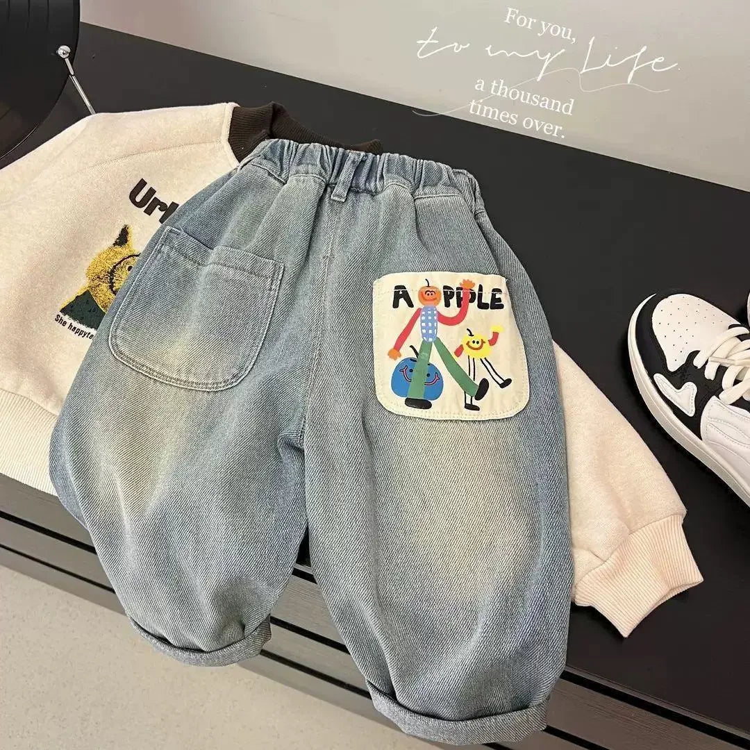 New Spring Autumn Childrens Boys Casual Trousers Foreign Side Pockets Polished Boys Jeans Stretch Versatile Kids Boys Pants Good Vibrations