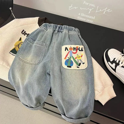 New Spring Autumn Childrens Boys Casual Trousers Foreign Side Pockets Polished Boys Jeans Stretch Versatile Kids Boys Pants Good Vibrations