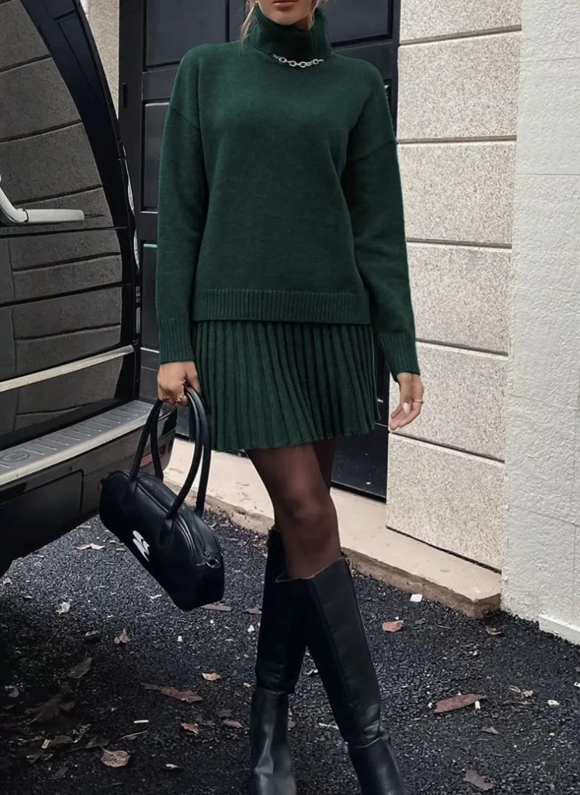 Women's Two-Piece Knit Set: Long-Sleeve Turtleneck Pullover and High-Waisted Pleated Mini Skirt – Elegant Autumn/Winter Outfit Good Vibrations