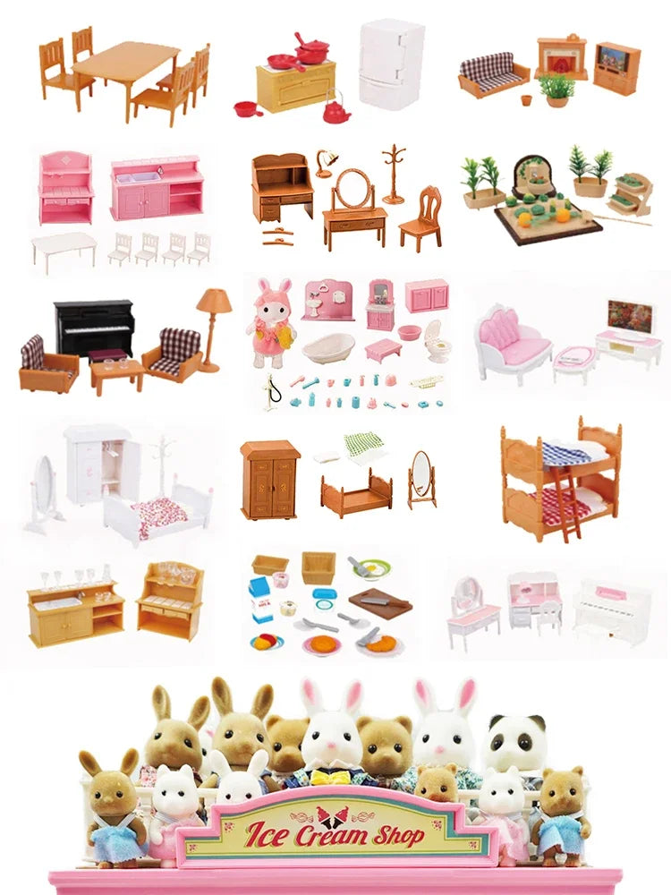 New Forest Family Microfilm Furniture Bathroon Kitchens Dining Bed Wardrobe Model Play House 1/12 Doll house Toys Birthday Gifts Good Vibrations