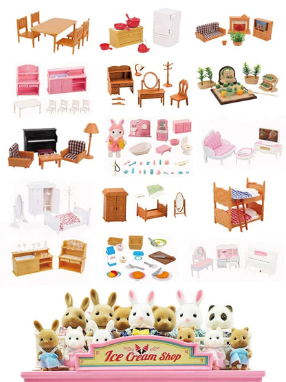 New Forest Family Microfilm Furniture Bathroon Kitchens Dining Bed Wardrobe Model Play House 1/12 Doll house Toys Birthday Gifts Good Vibrations