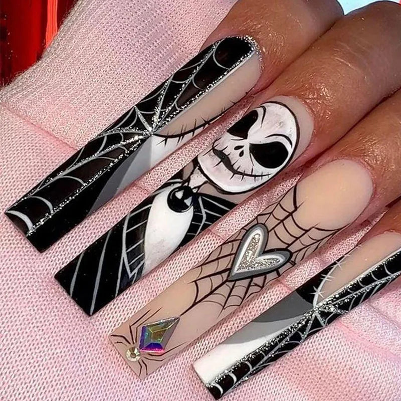 Scary Blood Skull Fake Nails Long Coffin Ballet Halloween Style False Nails 24pcs Wearable Press on Nail tips for Halloween Gift Good Vibrations