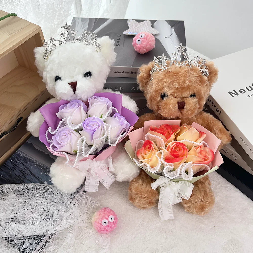 1pcs Plush Bear Rose Flower Bouquet Gift Box Luxury Artificial Soap Flowers Wedding Birthday Christmas New Year Party Decor Prop Good Vibrations