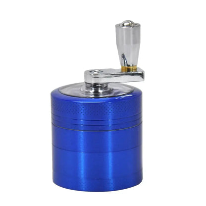 Blue 4-layer zinc alloy herbal grinder with handle.