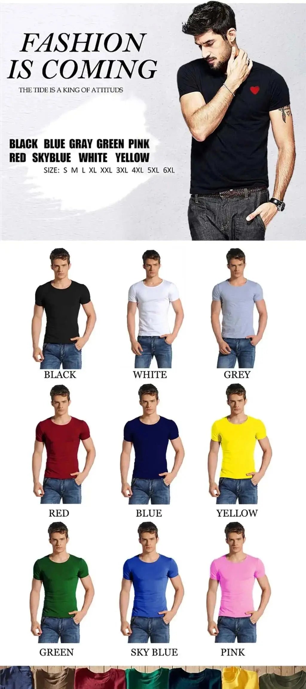 Diverse men's short-sleeve cotton t-shirts in multiple colors, casual style, printed design for spring to fall.