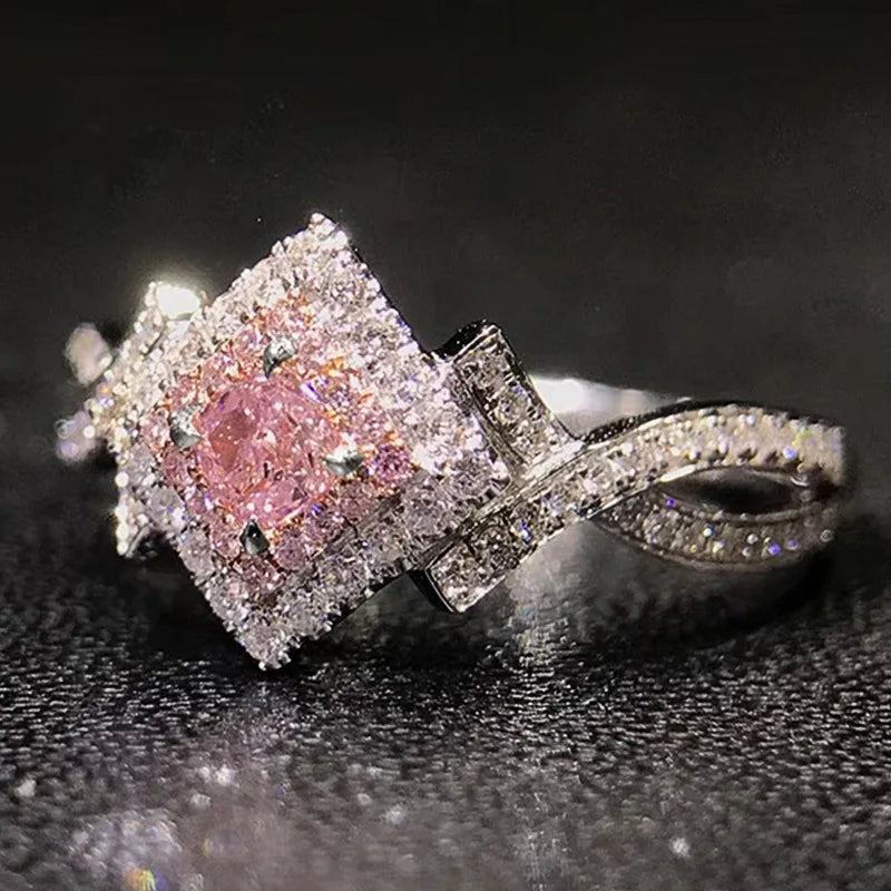 Pink Cubic Zirconia Ring Suitable for Women's Engagement Wedding Luxury Accessories Sparkling Silver Fashion Jewelry Good Vibrations