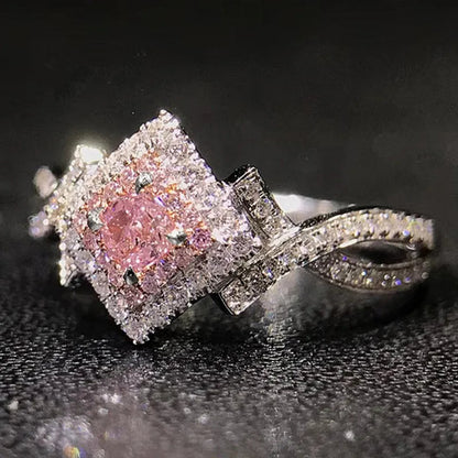 Pink Cubic Zirconia Ring Suitable for Women's Engagement Wedding Luxury Accessories Sparkling Silver Fashion Jewelry Good Vibrations