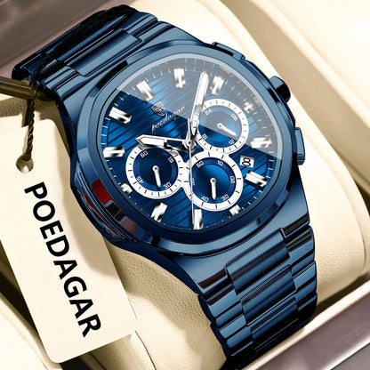 POEDAGAR Business Man Wristwatch Date Chronograph Waterproof Luminous Luxury Men Watch Stainless Steel Quartz Men's Watches Male Good Vibrations