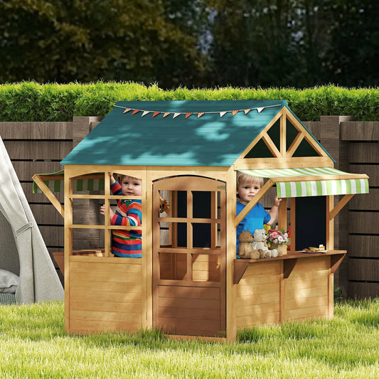 Wooden Outdoor Playhouse, Foldable Kids Cottage with Windows, Working Door, Snack Bars, Waterproof Covers, for 3-8 Years Good Vibrations