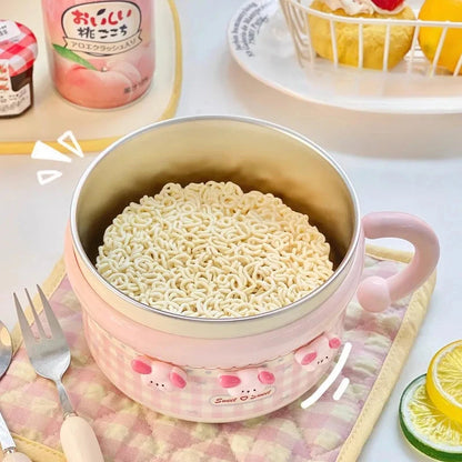 Cute Stainless Steel Ramen Bowl With Lid Kawaii Large Instant Noodles Fruit Salad Rice Soup Bowl Kitchen Tableware Women Gift Good Vibrations