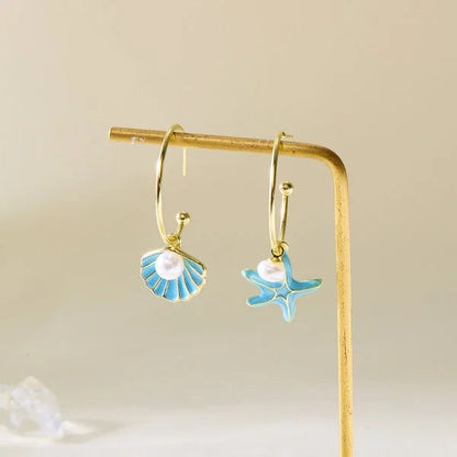 Fashion Asymmetric Ocean Style Earrings Stud  For Women Starfish Shell Earring Ear Ring Imitation Pearl Zircon Jewelry Gift Good Vibrations