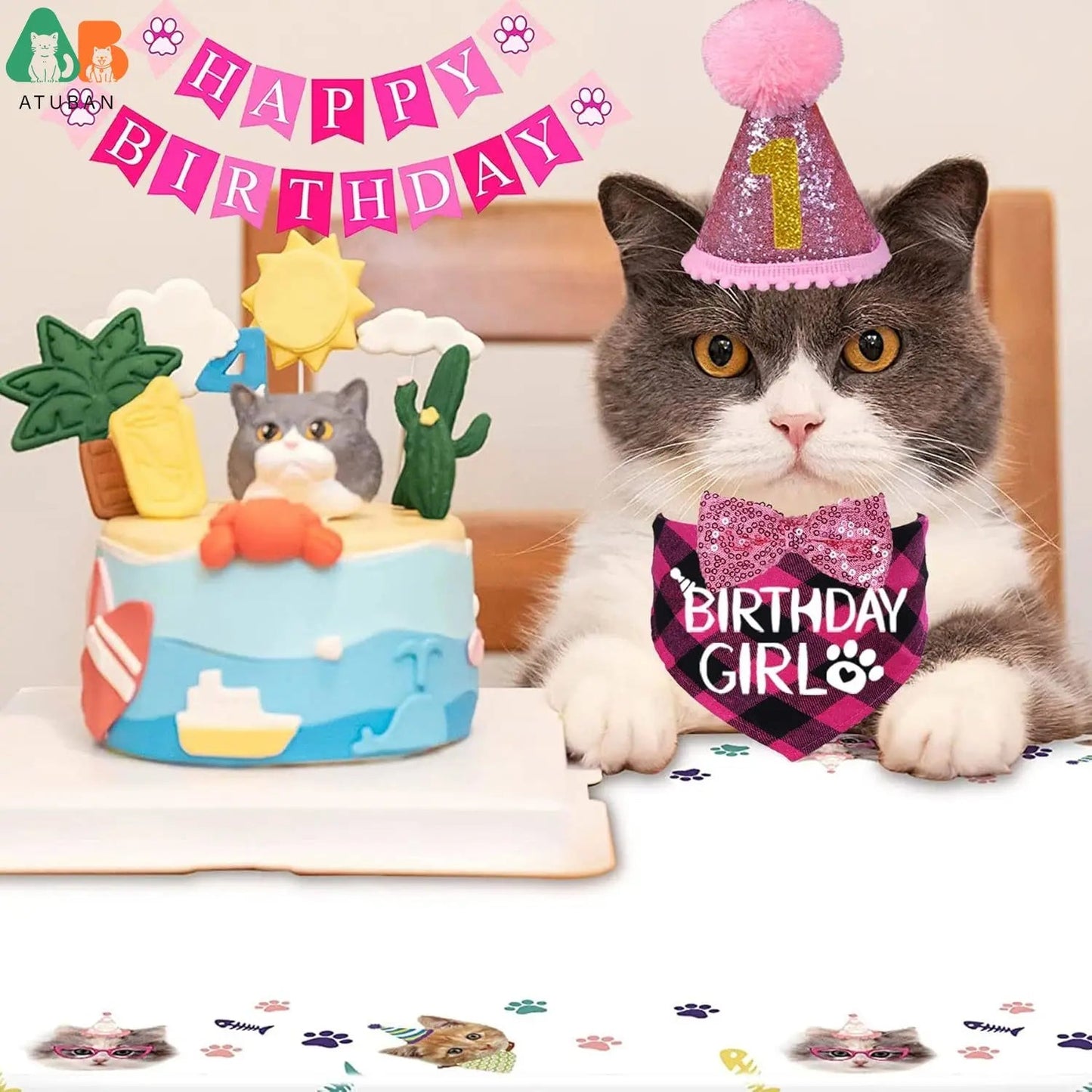 Cat Birthday Party Supplies,Cat Birthday Hat with Cat Birthday Bandana Bow Tie Collar Birthday Number Cat Birthday Decorations Good Vibrations