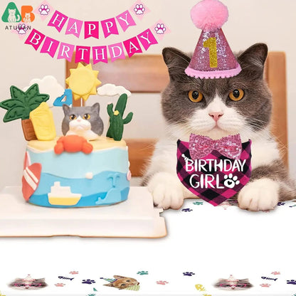 Cat Birthday Party Supplies,Cat Birthday Hat with Cat Birthday Bandana Bow Tie Collar Birthday Number Cat Birthday Decorations Good Vibrations