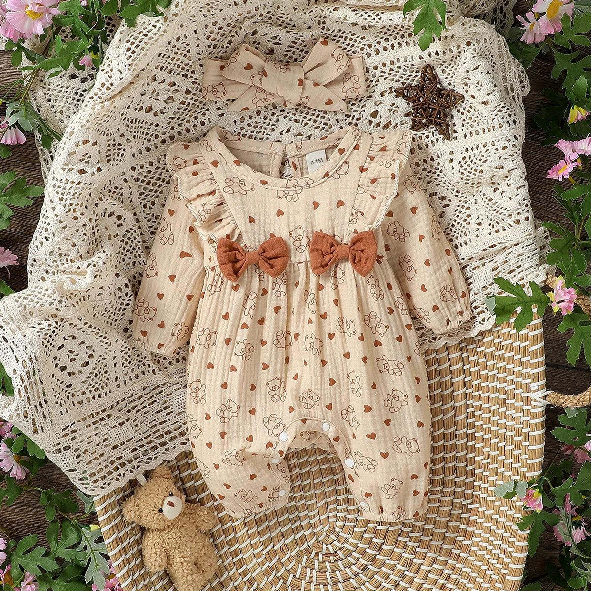 Baby Girl's All Seasons Long Sleeve Print Floral With Bow Daily Jumpsuit For Newborn-6M Clothes +Headband Good Vibrations
