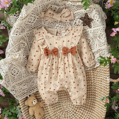Baby Girl's All Seasons Long Sleeve Print Floral With Bow Daily Jumpsuit For Newborn-6M Clothes +Headband Good Vibrations