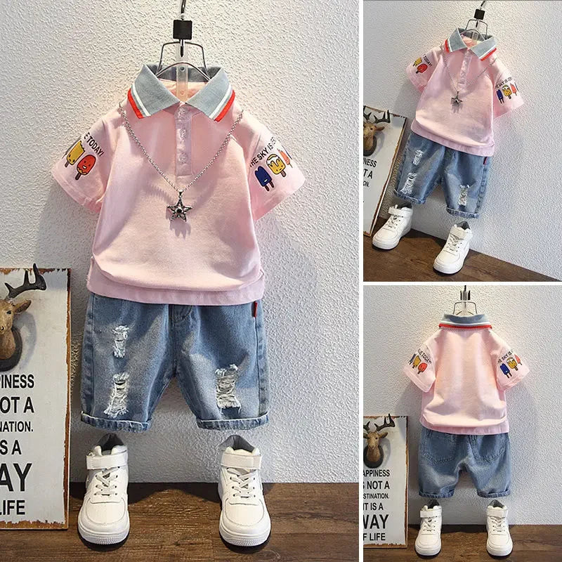 Boys Outfit T-Shirt and Jeans Korean Polo Fashion 2PCS Casual Clothing Korean Reviews  2025 Summer Top Toddler Kids Clothes Sets Good Vibrations