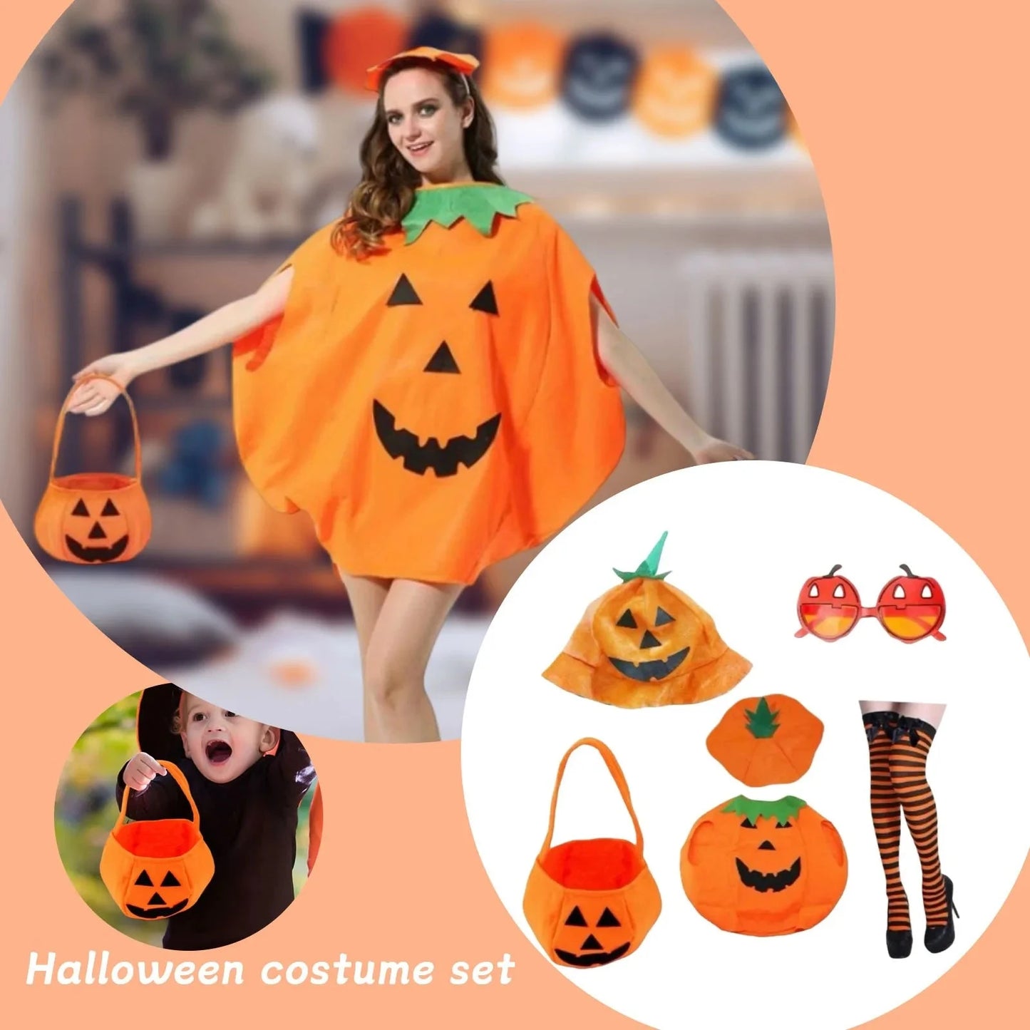 Halloween Adult Pumpkin Costume Set - Pumpkin Clothes Headband Pumpkin Tote Bag Glasses and Long-leg Socks Party Supplies Good Vibrations