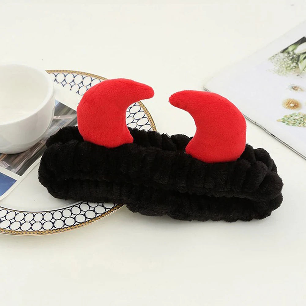 Demon Design Headband And Wristbands Set, Flannel Coral Hair Band Wristbands, Makeup Spa Face Wash Hair Accessories Good Vibrations