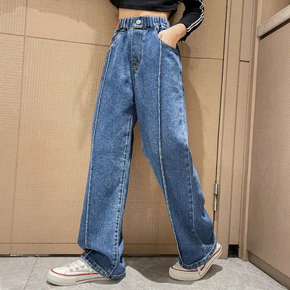 New 2024 Teenage Girls Blue Street Cartoon Print Elastic Mid Waist Loose Denim Jeans Spring Fashion Children Cute Wide Leg Pants Good Vibrations