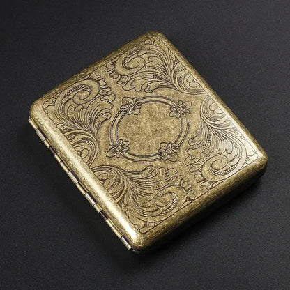 Retro brass cigarette box with intricate frosted design, ideal for tobacco storage and gifting.