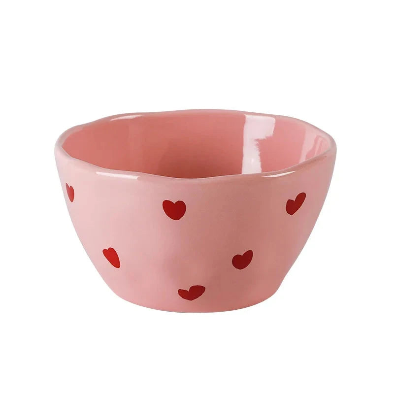 Salad Bowl Pink Heart Pattern Ceramic Plate Coffee Cup Children Dessert Bowl Household Cute Dinner Plates Restaurant Tableware Good Vibrations