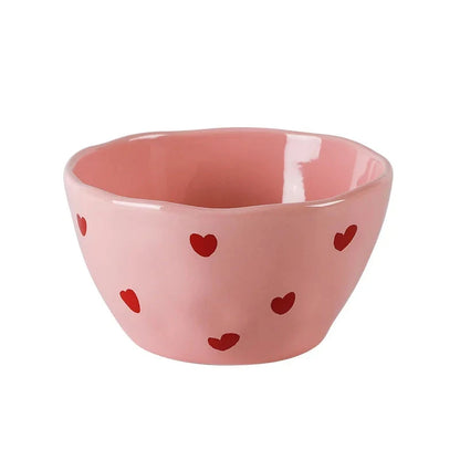 Salad Bowl Pink Heart Pattern Ceramic Plate Coffee Cup Children Dessert Bowl Household Cute Dinner Plates Restaurant Tableware Good Vibrations