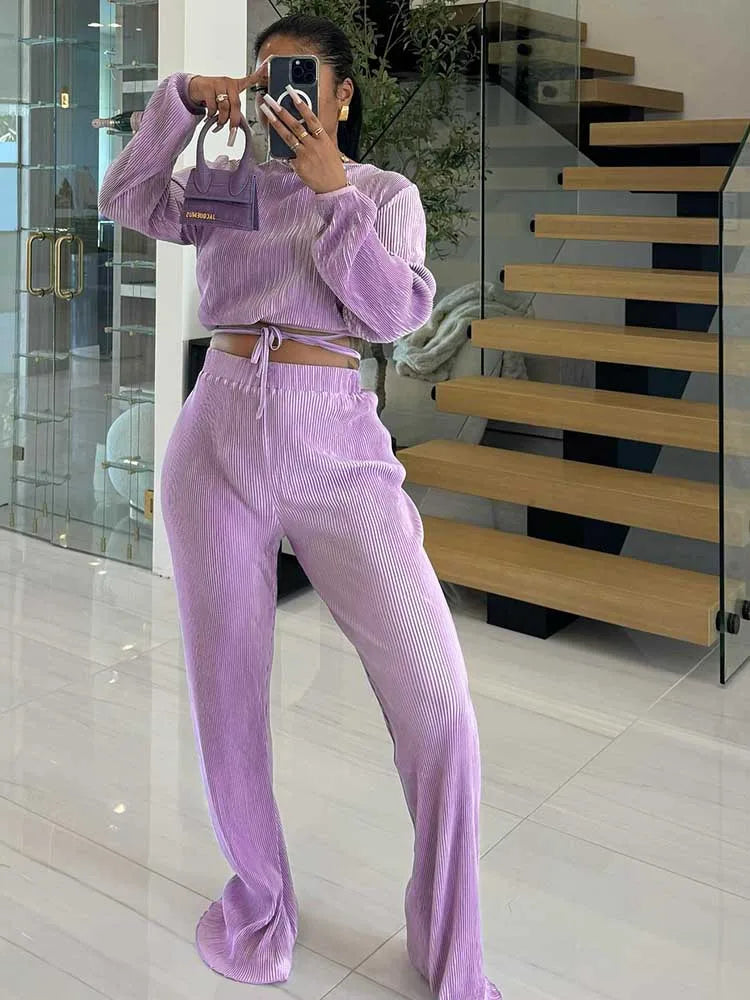 Casual Sets Womens Outfits Fall Clothes 2 Piece Lounge Set Draped Top and Elastic Wrap Pant Sets Outfits Wholesale Dropshipping Good Vibrations