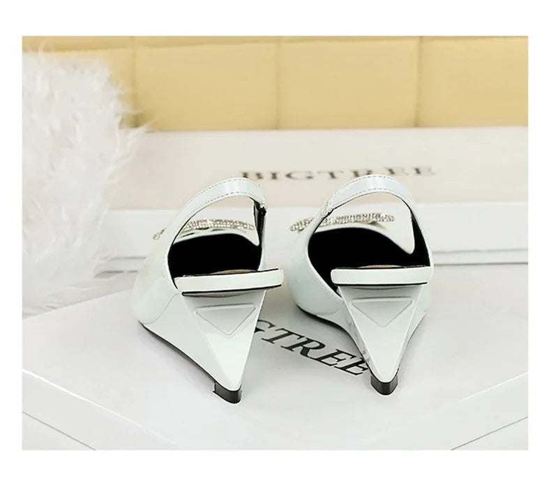 Wedges Women Shoes High Heel Shallow Pointed Toe Hollow Back Straps Patent Leather Triangle Metal Crystal Buckle Pumps Good Vibrations