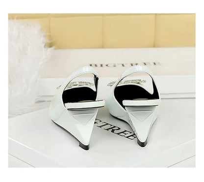 Wedges Women Shoes High Heel Shallow Pointed Toe Hollow Back Straps Patent Leather Triangle Metal Crystal Buckle Pumps Good Vibrations