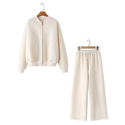 HH Women's Fall 2-Piece Retro Solid Color Zip Bomber Jacket Sweatshirt+High Waist Lace Up Women's Wide Leg Pants Street Wear Good Vibrations