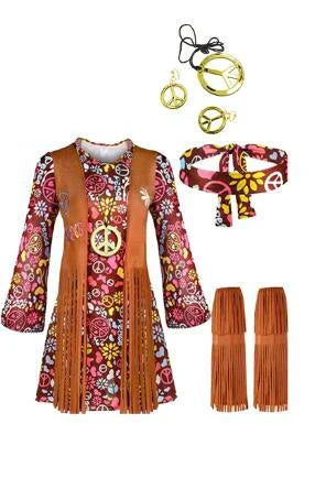 Halloween Hippie Costume Women's Set for Carnival 70s Clothing Accessories Six-Piece Set Tassel Vest+Pants+Headband Set Good Vibrations