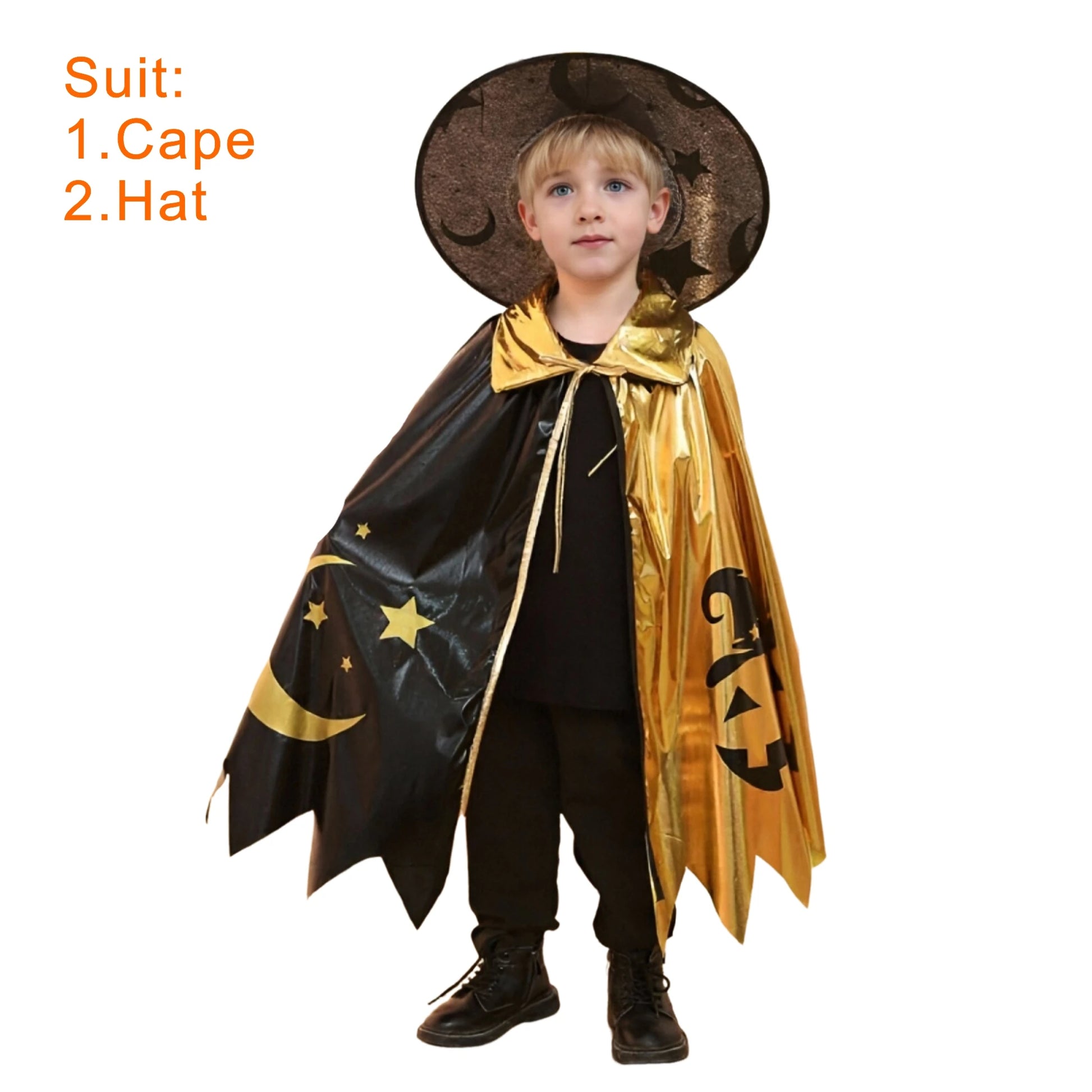Halloween Witch Cosplay Costume for Kids Gold Black Color Block Cape with Hat Pumpkin Moon Print Cloak Outfit Party Dress Up Good Vibrations