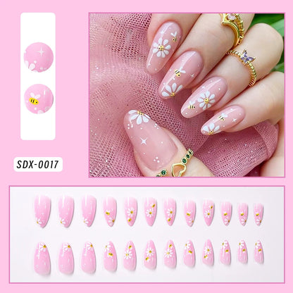 24Pcs Short Square Coffin False Nails French Glitter Wearable Fake Nails Acrylic Full Cover Women Ballet Press on Nails Tips Good Vibrations