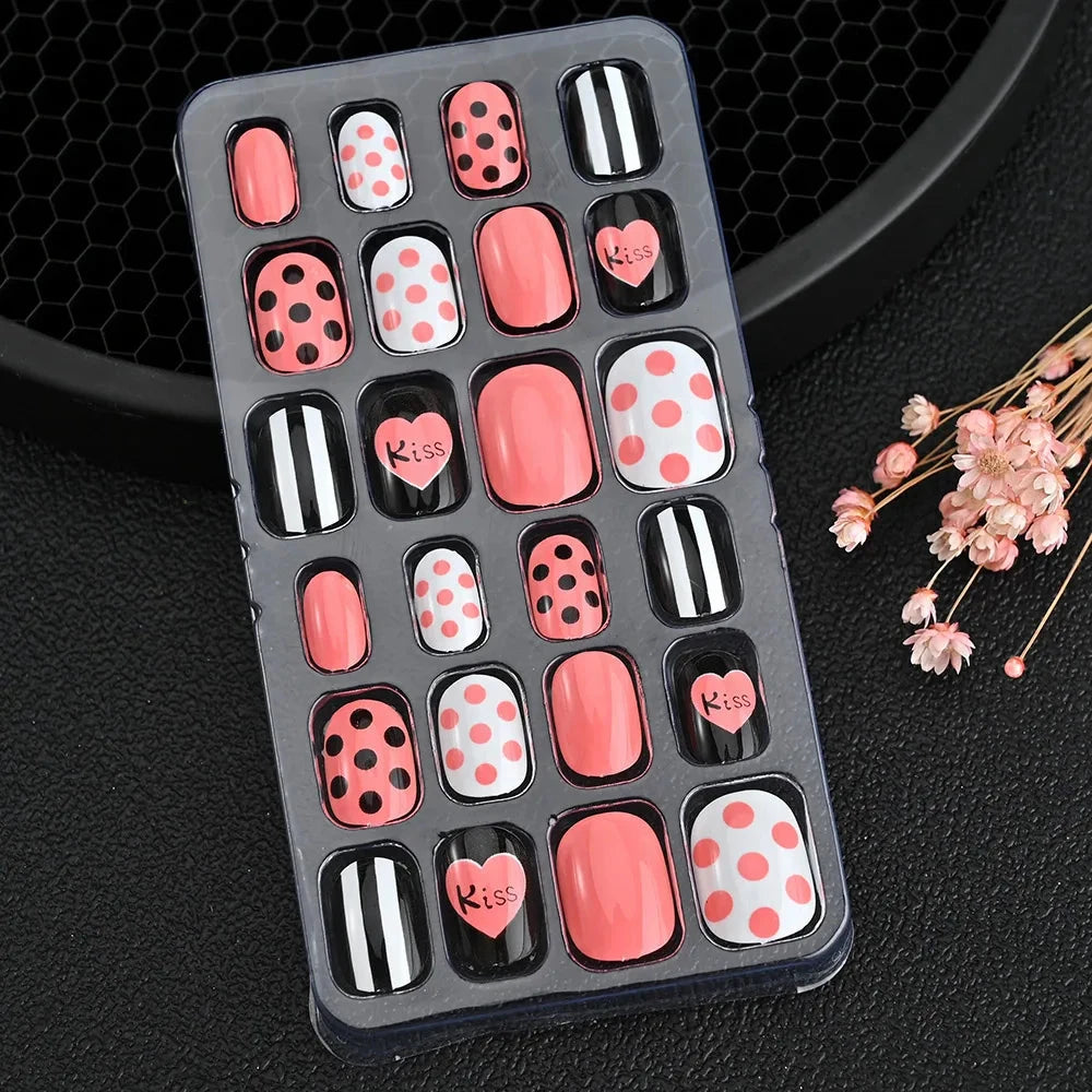 24 Pcs/box Children Cartoon Nail Tips Colorful Artificial Fake Nails for Cute Kids Girls Full Cover Short False Nail Art Kits* Good Vibrations