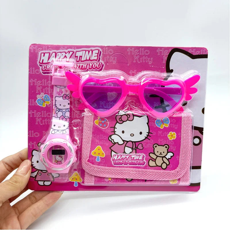 Fashion 3ps Unicorn Hello Kitty Girls Watch Kids with Wallet Glasses Cartoon Spiderman Watch Children Clock Toys set Good Vibrations